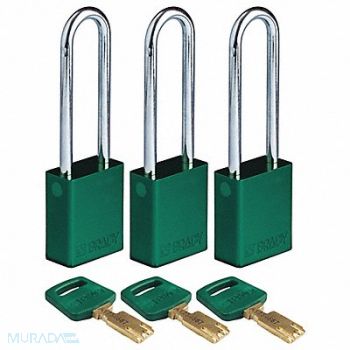BRADY Lockout Padlock Al 1/4 W Green PK3, 55JY52