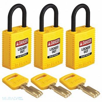 BRADY Lockout Padlock Nylon Yellow PK3, 55JY60