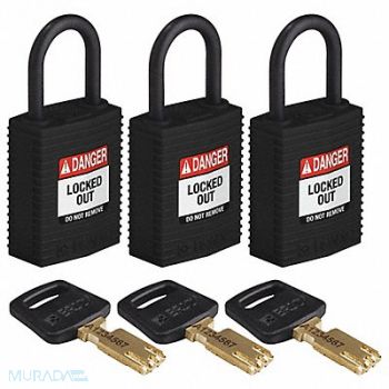BRADY Lockout Padlock Nylon Black PK3, 55JY63