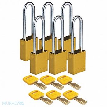 BRADY Lockout Padlock Yellow 1-1/2 W Body PK6, 55JZ24