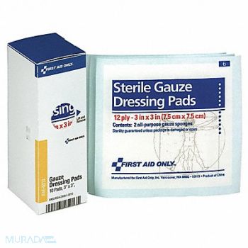 FIRST AID ONLY Gauze Pad Sterile 3 x 3 Wht 10/box, 55KK73