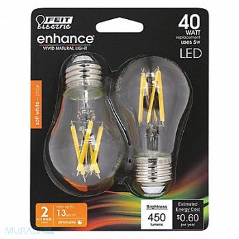 FEIT ELECTRIC LED Bulb 450 lm 5W 120VAC 3-3/8 L PK2, 56JH26