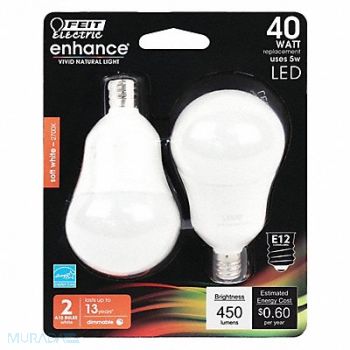 FEIT ELECTRIC LED Bulb 450 lm 5W 120VAC 3-3/8 L PK2, 56JH27