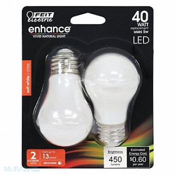 FEIT ELECTRIC LED Bulb 450 lm 5W 120VAC 3-3/8 L PK2, 56JH28