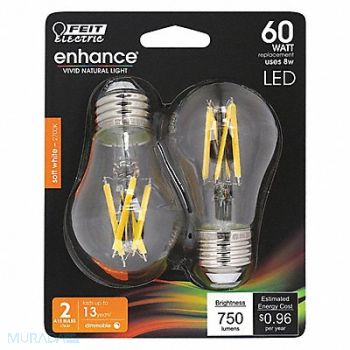 FEIT ELECTRIC LED Bulb 750 lm 8W 120VAC 3-3/8 L PK2, 56JH29