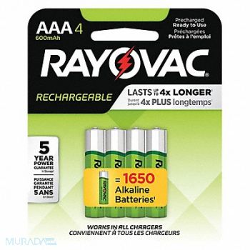 RAYOVAC Rechargeable Battery AAA 1.2VDC PK4, 5HB64
