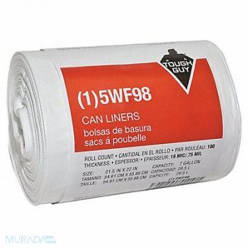 TOUGH GUY Trash Bags 7 gal White PK100, 5WF98