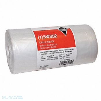 TOUGH GUY Trash Bags 55 gal Clear PK20, 5WG02