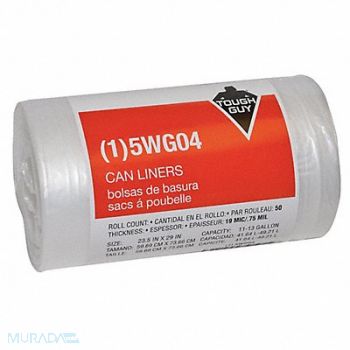 TOUGH GUY Trash Bags 11 to 13 gal Clear PK50, 5WG04