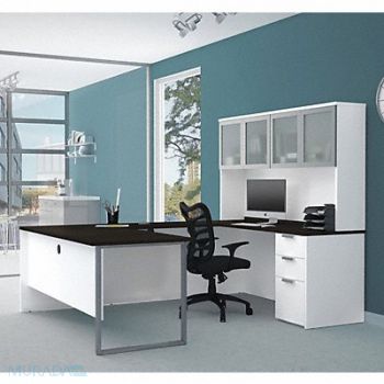 BESTAR U Desk Glass Door Hutch White Deep Grey, 605J04