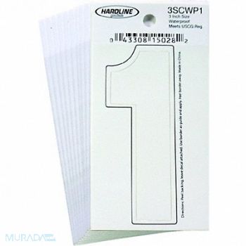 HARDLINE PRODUCTS Number 1 Decal 3 White Vinyl PK10, 65RL19