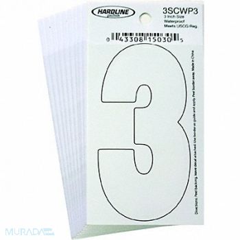 HARDLINE PRODUCTS Number 3 Decal 3 White Vinyl PK10, 65RL21