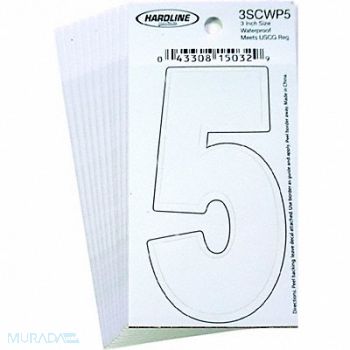 HARDLINE PRODUCTS Number 5 Decal 3 White Vinyl PK10, 65RL23