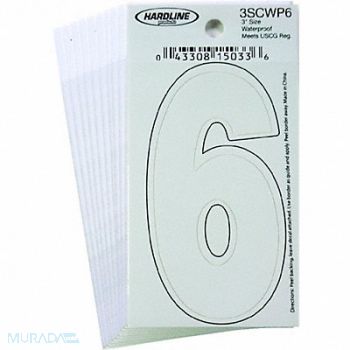 HARDLINE PRODUCTS Number 6 Decal 3 White Vinyl PK10, 65RL24