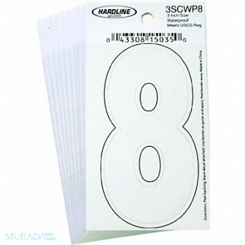HARDLINE PRODUCTS Number 8 Decal 3 White Vinyl PK10, 65RL26