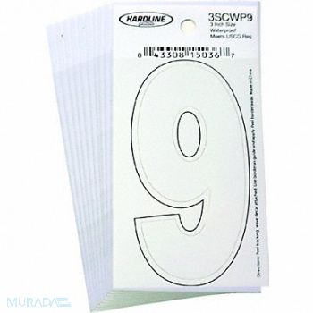HARDLINE PRODUCTS Number 9 Decal 3 White Vinyl PK10, 65RL27