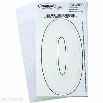 HARDLINE PRODUCTS Number 0 Decal 3 White Vinyl PK10, 65RL28