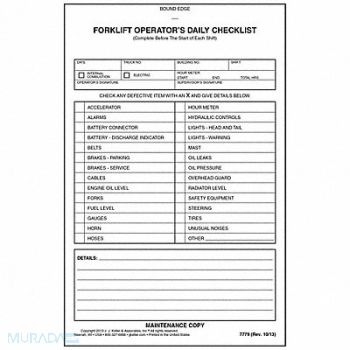 J.J. KELLER ASSOCIATES Forklift Inspection Book Paper Canary, 794LJ3