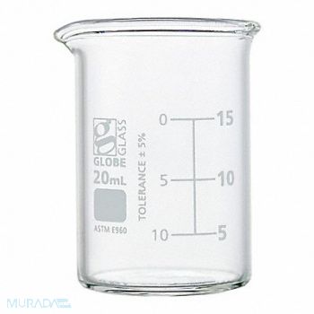 GLOBE SCIENTIFIC Beaker 0.68 oz 20 mL Low Form PK12, 793VY0