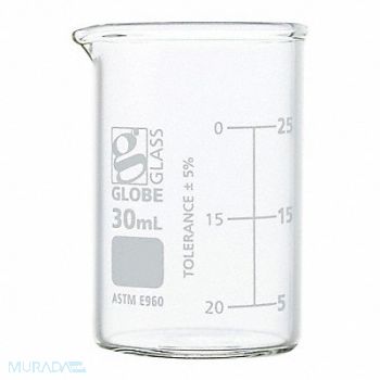 GLOBE SCIENTIFIC Beaker 1.01 oz 30 mL Low Form PK12, 793VY1