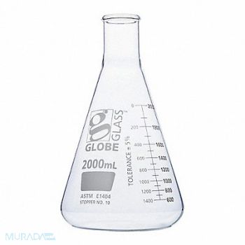 GLOBE SCIENTIFIC Erlenmeyer Flask 67.63 oz 2 000 mL PK4, 793VZ9