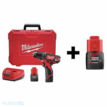 MILWAUKEE Cordless Drill/Driver Kit 12V W/Add Bat, 7DF46