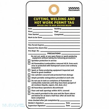ELECTROMARK Cutting Weldng Hot Work Permit Tag PK25, 8NH76