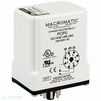 MACROMATIC Phase Monitor Relay 190-500VAC Plug SPDT, 45LU83