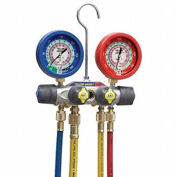 YELLOW JACKET Mechanical Manifold Gauge Set 4-Valve, 10M813