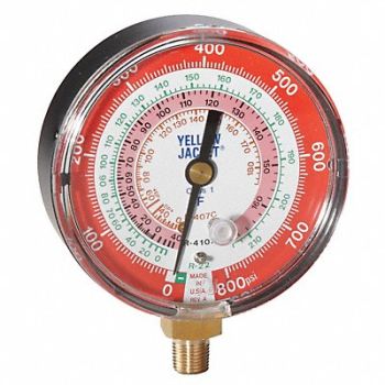 YELLOW JACKET Gauge 3 1/8In Dia High Side Red 800 psi, 10M828