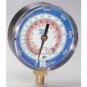 YELLOW JACKET Gauge 3 1/8In Dia Low Side Blue 800 psi, 10M829
