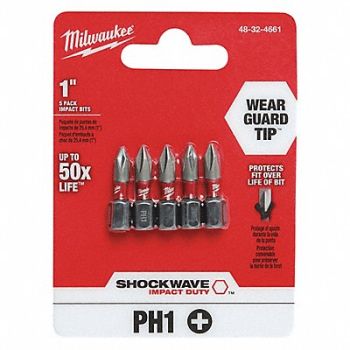 MILWAUKEE Insert Bit 1/4 Phillips #1 1 PK5, 10Z765
