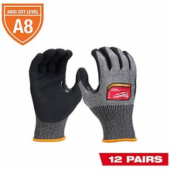 MILWAUKEE Cut Protection Dipped Gloves PK12 PK12, 800XD4