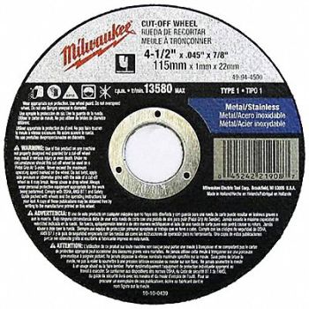 MILWAUKEE Cutting Wheel 4-1/2 X.045 X7/8 Type 1, 163G49