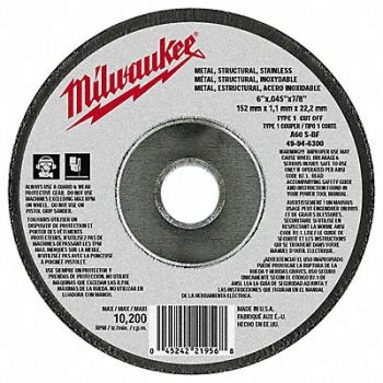 MILWAUKEE Cutting Wheel 6 X.045 X7/8 Type 1, 163G51