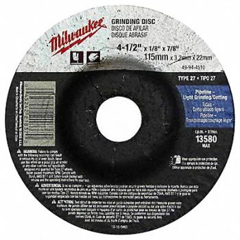 MILWAUKEE Grinding Disc 4-1/2 X1/8 X7/8, 163G58