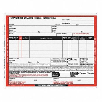 JJ KELLER Hazmat Bill of Lading Forms Hazmat PK500, 19YK61