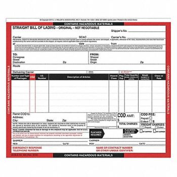 JJ KELLER Hazmat Bill of Lading Forms Hazmat PK250, 19YK63