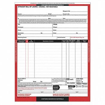 JJ KELLER Hazmat Bill of Lading Forms Hazmat PK250, 19YK64