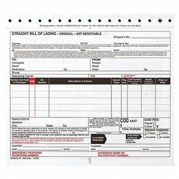 JJ KELLER Bill of Lading Form Reg Compliance PK250, 19YK72