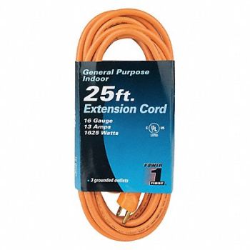 POWER FIRST Extension Cord 25ft 16Ga 13A SJT Orange, 1FD73