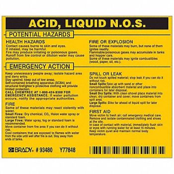 BRADY Chemical Label 3-3/4inHx4-1/2inW PK25, 20TH59