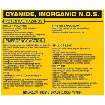 BRADY Chemical Label 3-3/4inHx4-1/2inW PK25, 20TH67