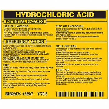 BRADY Chemical Label 3-3/4inHx4-1/2inW PK25, 20TH78