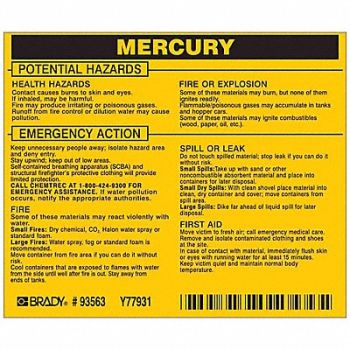 BRADY Chemical Label 3-3/4inHx4-1/2inW PK25, 20TH81