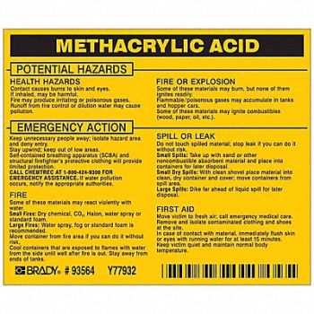 BRADY Chemical Label 3-3/4inHx4-1/2inW PK25, 20TH82
