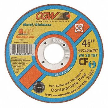CGW ABRASIVES CutOff Whl 4.5x0.045x7/8 T1WA36TBF CF, 267J28
