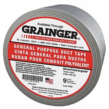 GRAINGER APPROVED Duct Tape Gray 2 13/16 in x 60 yd 9 mil, 26VC95