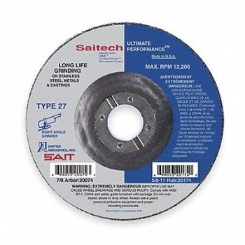 UNITED ABRASIVES-SAIT Depressed Ctr. Wheel T27 4-1/2in 7/8in, 2KMH8