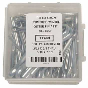 ITW BEE LEITZKE Cotter Pin Asst LCS Zinc 100 Pcs 14Sizes, 2WZV3